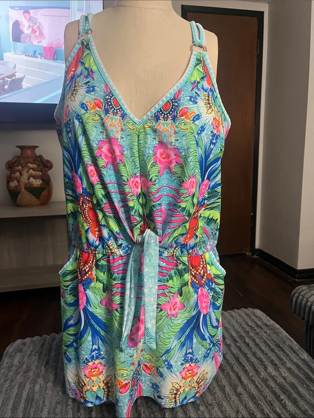 Girls' Tropical Floral Tie-Waist Romper in Aqua